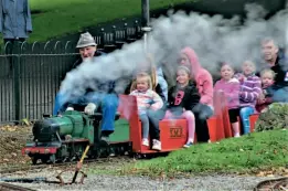  ?? ?? Margaret, the locomotive depicted on the new mural, still doing what it has been doing for 72 years – delighting passengers on the Strathaven Miniature Railway. HUGH DOUGHERTY