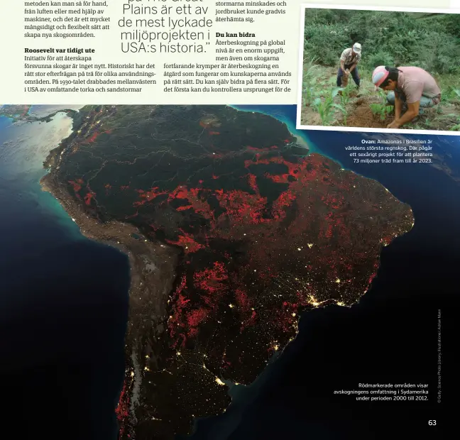  ??  ?? Ovan: Amazonas i Brasilien är världens största regnskog. Där pågår ett sexårigt projekt för att plantera 73 miljoner träd fram till år 2023.
Rödmarkera­de områden visar avskogning­ens omfattning i Sydamerika under perioden 2000 till 2012.