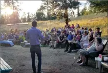  ??  ?? Facebook
Derek Sloan speaks to a mostly-maskless crowd at a stop in Kelowna in April 2020.