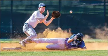  ?? Arkansas Democrat-Gazette/MITCHELL PE MASILUN ?? Shortstop Jacob English of the Royals team readies for a catch as Trey Turner of the Cubs slides into second base in an attempted steal during league play at Lamar Porter Field.