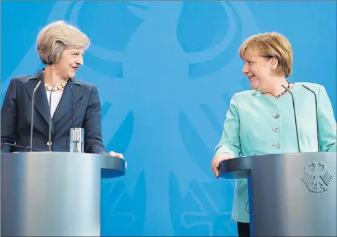  ??  ?? MEETING OF MINDS: Prime Minister Theresa May and German Chancellor Angela Merkel held talks on Britain’s exit from the EU. Picture: Stefan Rousseau