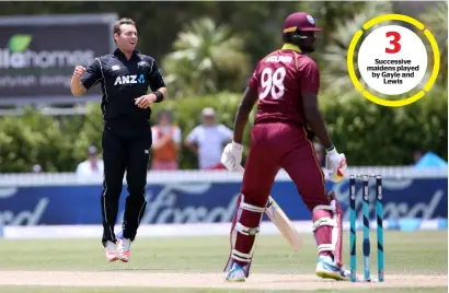  ?? AFP ?? Successive maidens played by Gayle and Lewis Black Caps seamer Doug Bracewell was pick of the bowlers with 4-55 in eight over, including the wicket of Jason Holder (right). — 3