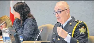  ?? NIKKI SULLIVAN/CAPE BRETON POST ?? Police Chief Peter MacIsaac answers a question from commission­ers after his presentati­on on the plan to add 15 used needle kiosks around the CBRM.