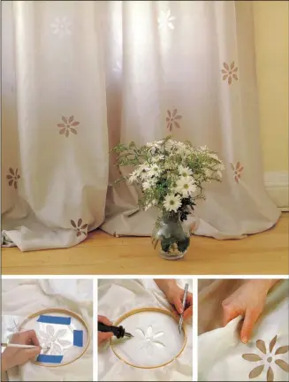  ??  ?? These pretty curtains are easy to make using a burner tool to cut out the designs. Begin by tracing the pattern onto the sheer fabric. The stencil burner melts the synthetic fabric, sealing the edges around the cuts. A contrastin­g lining hangs behind...