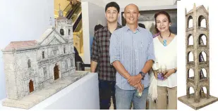  ??  ?? Sculptor Anton Quisumbing with Franco dela Serna and Lorna Quisimbing. Over the years, Anton Valera Quisumbing has become known for his bas relief replicas of Philippine churches carved in Mactan stone, a fossilized limestone found in Mactan, Cebu. A...