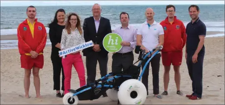  ??  ?? Cathal Macruairi, Suzanne Brennan, Denise O’Shea, Declan Lynch, Brendan Martin, Andrew McBride, Thomas Keogh and Michael McNamara at the unveiling of the new beach wheelchair at Brittas Bay.