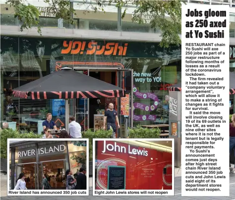 ?? Pictures: GETTY & PA ?? River Island has announced 350 job cuts
Eight John Lewis stores will not reopen
