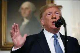  ?? EVAN VUCCI — THE ASSOCIATED PRESS ?? President Donald Trump speaks about the mass shootings in El Paso, Texas and Dayton, Ohio, in the Diplomatic Reception Room of the White House on Monday in Washington.