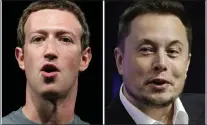  ?? THE ASSOCIATED PRESS ?? This combo of images features Facebook CEO Mark Zuckerberg, left, and Tesla and SpaceX CEO Elon Musk. Musk and Zuckerberg appear to be ready to fight, offline after a now-viral back-and-forth seen on Twitter and Instagram this week.