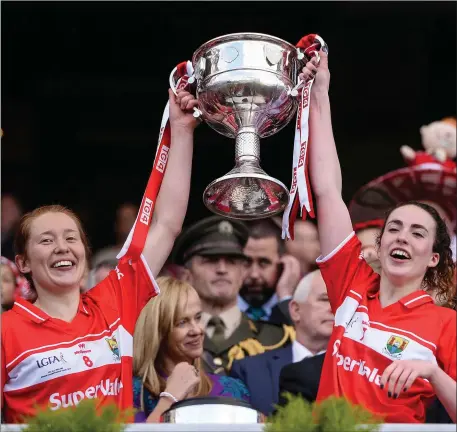  ?? Photo by Sportsfile ?? Rena Buckley, left, and Shauna Kelly of Cork lift the cup following their victory after the Ladies Football All-Ireland Senior Football Championsh­ip Final match between Cork and Dublin at Croke Park in Dublin.