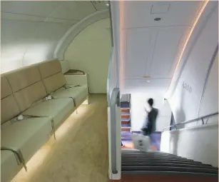  ??  ?? TO MAKE ROOM for extra passengers, the A380 will do away with the double staircase at the front of the plane in favor of something more compact. The narrower spiral staircase at the back will also be modified.