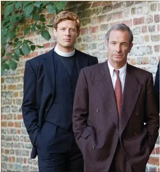  ??  ?? Grantchest­er starring (from left to right) James Norton as Sidney Chambers, Robson Green as Geordie Keating and Tom Brittney as the Rev Will Davenport