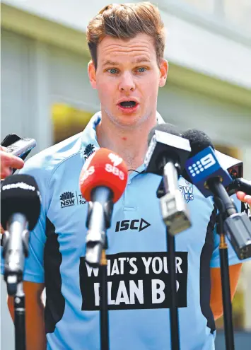  ?? Picture: JOEL CARRETT ?? UNDER SCRUTINY: Australian captain Steve Smith speaks to the media in Sydney.