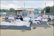  ?? HT PHOTO ?? The students of World College of Medical Sciences and Research, Jhajjar, sleeping outside the campus on Monday morning.