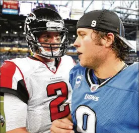  ?? LEON HALIP / GETTY IMAGES ?? Lions quarterbac­k Matthew Stafford, talking with Falcons quarterbac­k Matt Ryan after a game, has completed 62 percent of his passes over his career for nearly 35,000 yards with 216 touchdowns but is still looking for his first playoff victory.