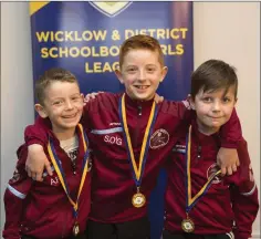  ??  ?? Alex McCann, Senan O’Gorman and James Cahill from Coolboy Rangers under-8s at the WDSL awards day in Newtown.