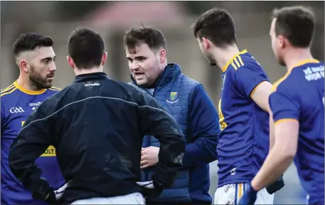  ??  ?? Wicklow football manager Davy Burke chats with some of his players during a recent league game in Aughrim.