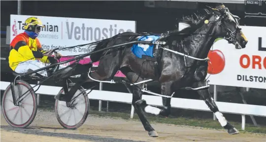  ?? ?? Max Delight wins the Golden Slipper in Launceston as a 2YO. Now he is targeting the Inter Dominion. Picture: Peter Staples.