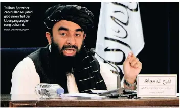  ?? FOTO: SAFI/XINHUA/DPA ?? Taliban-Sprecher Zabihullah Mujahid gibt einen Teil der Übergangsr­egierung bekannt.