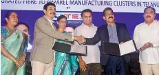  ?? — R. PAVAN ?? IT principal secretary Jayesh Ranjan and Sabu M. Jacob, chairman and managing director of Kitex Garments exchange documents in the presence of minister K.T. Rama Rao in Hyderabad on Saturday.