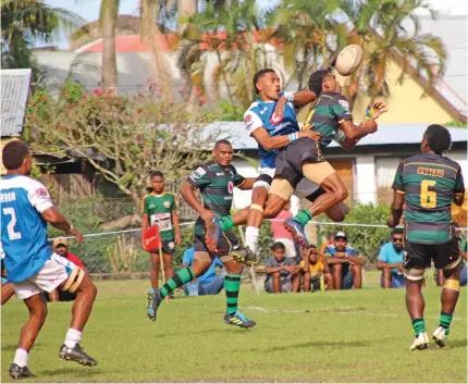  ?? Photo: Manhar Vithal ?? Ovalau winger Sitiveni Bukani goes for the high ball against Serua during their Vodafone Vanua Championsh­ip clash at Nasau Park in Levuka, on May 14, 2022.