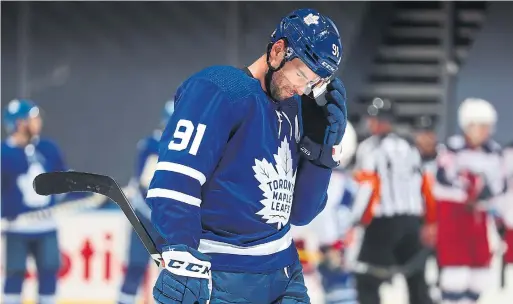  ?? CHASE AGNELLO-DEAN GETTY IMAGES ?? Captain John Tavares and the Leafs saw their season end without a goal Sunday night at Scotiabank Arena, where another East team will qualify for the Cup final.