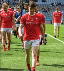  ??  ?? Kieran Lenehan and his Louth teammates depart the pitch after the trophy presentati­on to Meath.