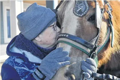  ?? DAVE STEWART/THE GUARDIAN ?? Jean Savoie shares a warm moment with Queen, a 23-year-old Belgian mare, outside Colville Manor in Souris on Wednesday. Red House Stables in Fortune took some of the manor’s residents on a horse and sleigh ride through the community.