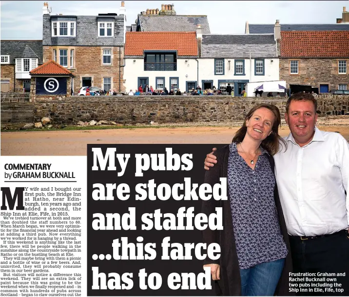  ??  ?? Frustratio­n: Graham and Rachel Bucknall own two pubs including the Ship Inn in Elie, Fife, top