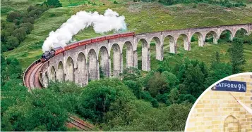  ??  ?? Steam train on famous Glenfinnan viaduct. Inset: Platform 9¾ at Kings Cross Station. Pictures / 123RF, Getty Images