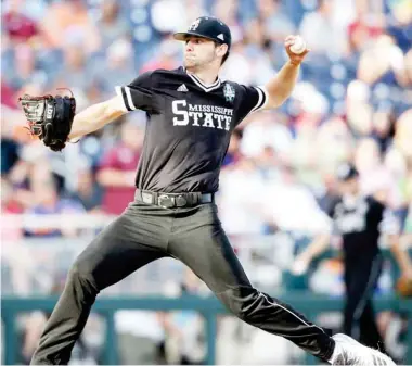  ??  ?? Mississipp­i State pitcher Ethan Small works against Oregon State in last year’s College World Series in Omaha, Neb.