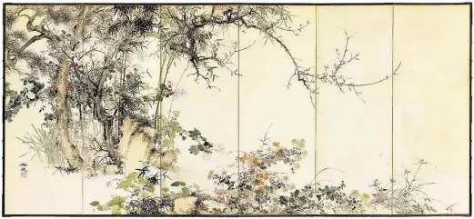  ?? Israel Museum, Jerusalem ?? The fall and winter screen from a pair of six-panel folding screens painted in the 1830s by Yamamoto Baiitsu, “Flowers and Plants of the Four Seasons”