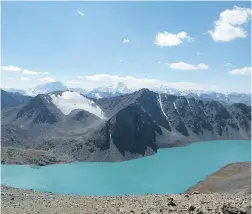  ??  ?? A view of Ala-Kul Lake from the Ala-Kul Pass at 3,860 metres in Kyrgyzstan.