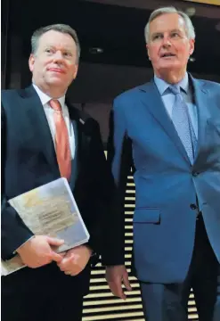  ??  ?? European Union chief Brexit negotiator Michel Barnier (right) and the Prime Minister’s Europe adviser David Frost at the beginning of the first round of post-Brexit trade deal talks between the EU and the United Kingdom