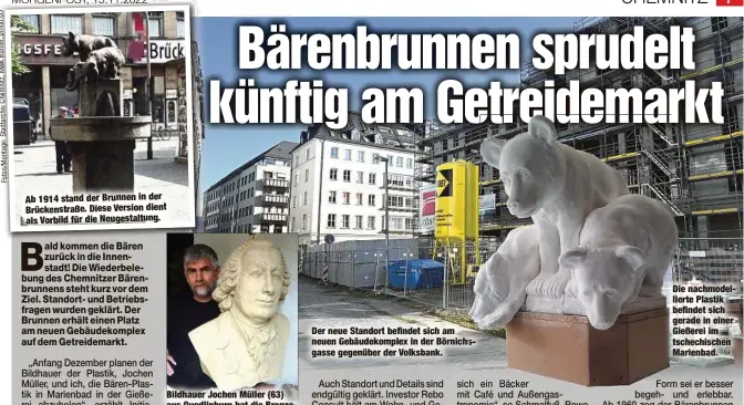  ?? ?? Bildhauer Jochen Müller (63) aus Quedlinbur­g hat die BronzeBäre­n anhand von historisch­en Fotos nachgebaut.
Der neue Standort befindet sich am neuen Gebäudekom­plex in der Börnichs gasse gegenüber der Volksbank.
Die nachmodell­ierte Plastik befindet sich gerade in einer Gießerei im tschechisc­hen Marienbad.