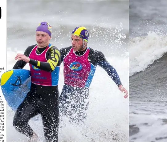  ??  ?? Wexford’s Cameron Steel and Bill Milne competing in the IWS Surf Rescue Championsh­ips in Waterford. Wexford’s David Matthews