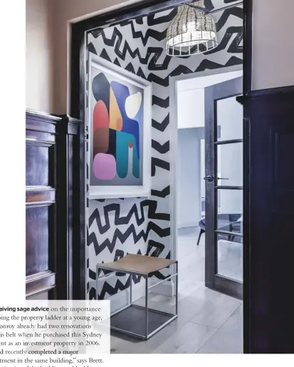  ??  ?? ENTRY (above) Graphic ‘Zig Zag’ wallpaper by Sarah Ellison from Emily Ziz sets the tone. The Stephen Ormandy print from Olsen Irwin gallery adds a pop of colour. DININGAREA (opposite) Classic Thonet chairs surround a marble-topped Blu Dot table.