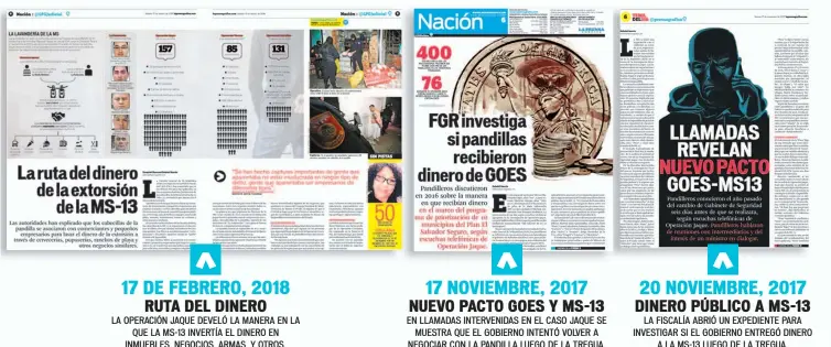  ??  ?? 17 DE FEBRERO, 2018 RUTA DEL DINERO LA OPERACIÓN JAQUE DEVELÓ LA MANERA EN LA QUE LA MS-13 INVERTÍA EL DINERO EN INMUEBLES, NEGOCIOS, ARMAS, Y OTROS. 17 NOVIEMBRE, 2017 NUEVO PACTO GOES Y MS-13 EN LLAMADAS INTERVENID­AS EN EL CASO JAQUE SE MUESTRA QUE...