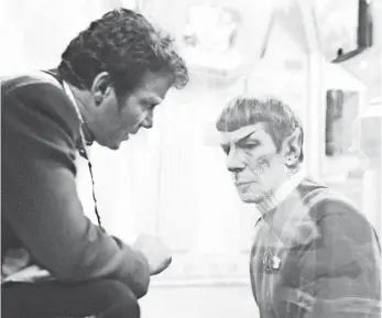  ?? CBS TELEVISION STUDIOS ?? Admiral Kirk (William Shatner) and Mr. Spock (Leonard Nimoy) say farewell in The Wrath of Khan.