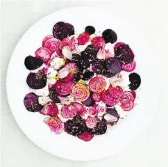  ??  ?? To add creaminess to this raw beet salad, Meller adds ewe curd cheese,