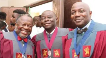  ??  ?? L-R: Lay president, diocese of Remo Methodist Church Nigeria, Sir Lana Odutola kjw; Lay president Archdioces­e of Lagos, Sir Peter Olorunfemi kjw and Lay president, Diocese of Lagos. Sir Gbolahan Olayomi kjw at the enthroneme­nt and presentati­on of his grace, the most Rexd Dr Isaac Ayobami Olawuyi (phd) as the Archbishop of Lagos,at the wesley cathedral, olowogbowo, Lagos....recently