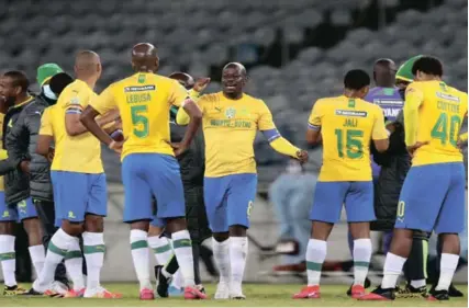  ?? B A C K P A G E P I X ?? Sundowns players celebratin­g their Nedbank Cup semi-final win back in August. /