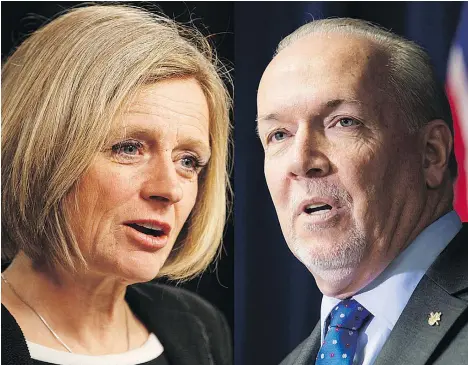  ?? JASON FRANSON/THE CANADIAN PRESS ?? Alberta Premier Rachel Notley and B.C. Premier John Horgan are meeting Sunday in Ottawa with Prime Minister Justin Trudeau to discuss Kinder Morgan’s Trans Mountain pipeline expansion project.