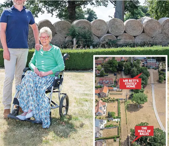  ?? Estate ?? Barrier: Maxine Turner with son John in her garden, backed by the wall of bales. Below: An aerial view of the