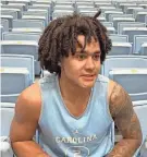  ?? RODD BAXLEY/THE FAYETTEVIL­LE OBSERVER ?? UNC basketball freshman Elliot Cadeau at the Tar Heels’ annual media day ahead of the 2023-24 season.