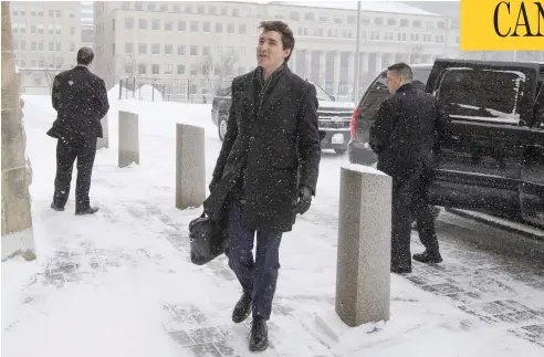  ?? FRED CHARTRAND / THE CANADIAN PRESS ?? Prime Minister Justin Trudeau arrives for a Liberal caucus meeting on Parliament Hill on Sunday. The House is set to resume in a week.