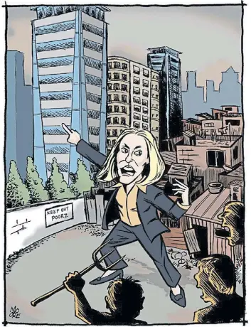  ??  ?? Saskia Sassen, según Moore. Caricaturi­zada como una superheroí­na intelectua­l de algunas víctimas del capitalism­o urbano.