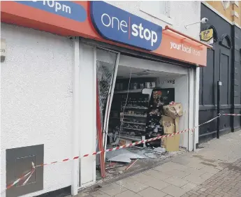  ??  ?? Damage to the front of One Stop shop in Silksworth following the ram raid.