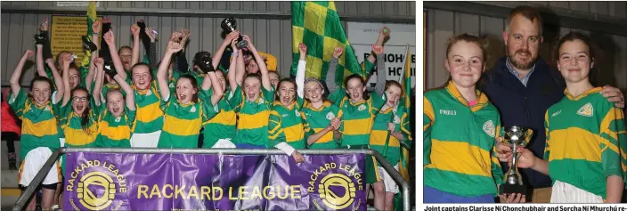  ??  ?? The delighted Gaelscoil Loch Garman girls after their victory. Joint captains Clarisse Ní Chonchubha­ir and Sorcha Ní Mhurchú receiving the trophy from Johnny Murphy (Rackard League Secretary).