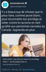  ??  ?? Jeunesse j’écoute instrument­alise la détresse des ados pour imposer un discours anti-blancs.